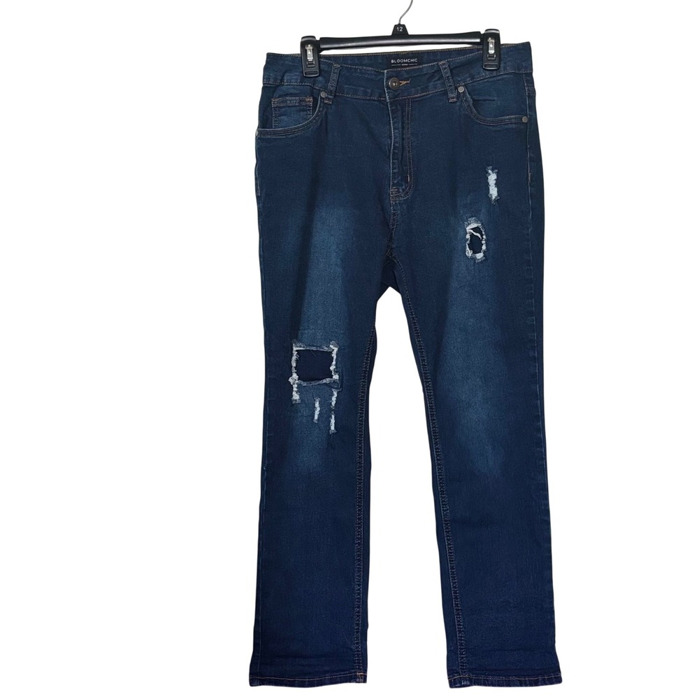 BloomChic Women's Straight Leg Jeans Size 12 High Rise Distressed Indigo Wash
